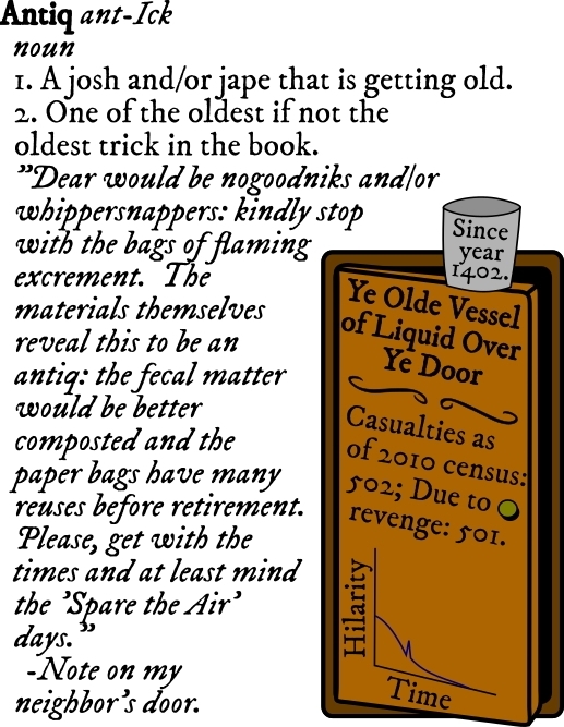 prank infographic, bucket over door, graph of hilarity over time 'Since year 1402. Ye Olde Vessel of Liquid Over Ye Door Casualties as of 2010 census: 502; Due to revenge: 501.'