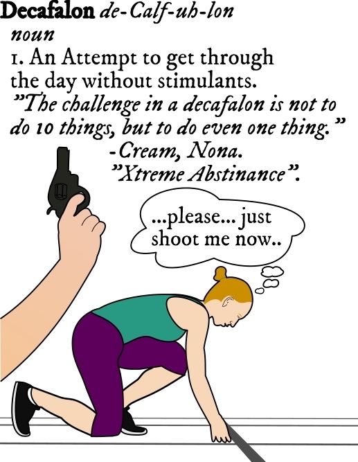 person with hair in bun ready at starting line, starting gun in foreground, '...please... just shoot me now..'