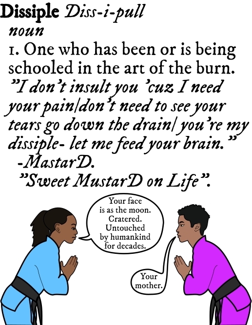 two people bowing to each other in gis, 'Your Face is as the moon.  Cratered.  Untouched by humankind for decades.' 'Your mother.'