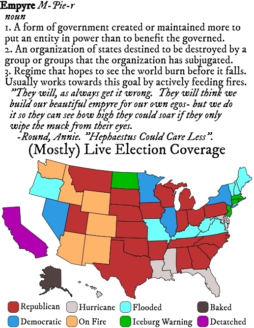 (Mostly) Live Election Coverage Map showing Republican, Democratic, Hurricane, On Fire, Flooded, Iceburg Warning, Alaska Baked, and California Detatched