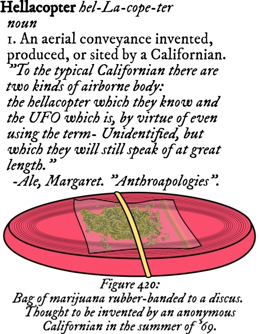 'Figure 420: Bag of marijuana rubber-banded to a discus.  Thought to be invented by an anonymous Californian in the summer of '69.'