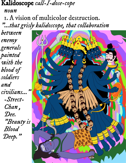 yellow submarine style colorful rainbow pastel of Kali standing on Shiva