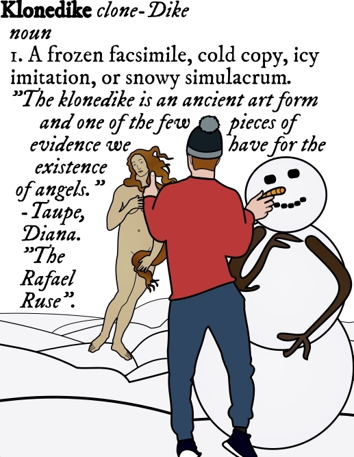 a person in a warm hat adjusts the nose on a snowman to better match the appearance of a woman standing naked among mounds of snow who resembles Venus as portrayed in The Birth of Venus'