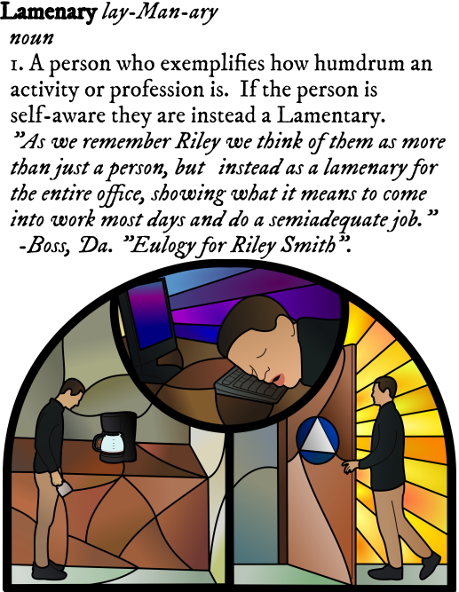 stained glass triptych person waits for coffee, sleeps on computer keyboard, entering bathroom