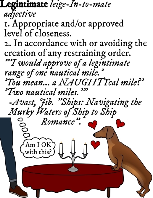 leg and weiner dog at table with red tablecloth, candelabra, and hearts 'Am I OK with this?'