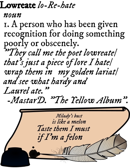 feather quill and ink pot with parchment with ink splotches 'Milady's bust is like a melon Taste them I mus if I'm a felon'