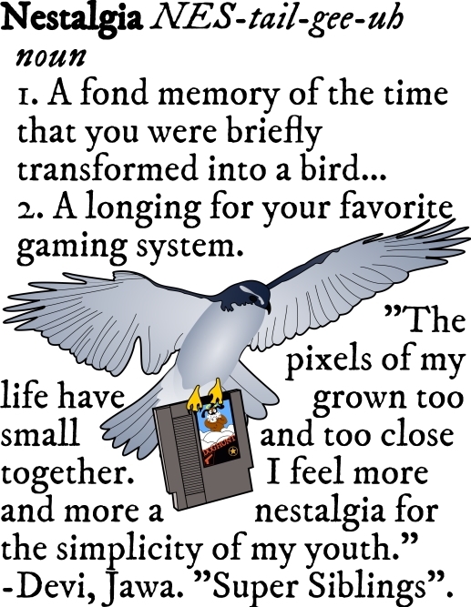bird (northern goshawk) soars holding a game cartridge that resembles a Nintendo Entertainment System game 'DOGHUNT' laughing dog in clouds with halo gun and star symbols