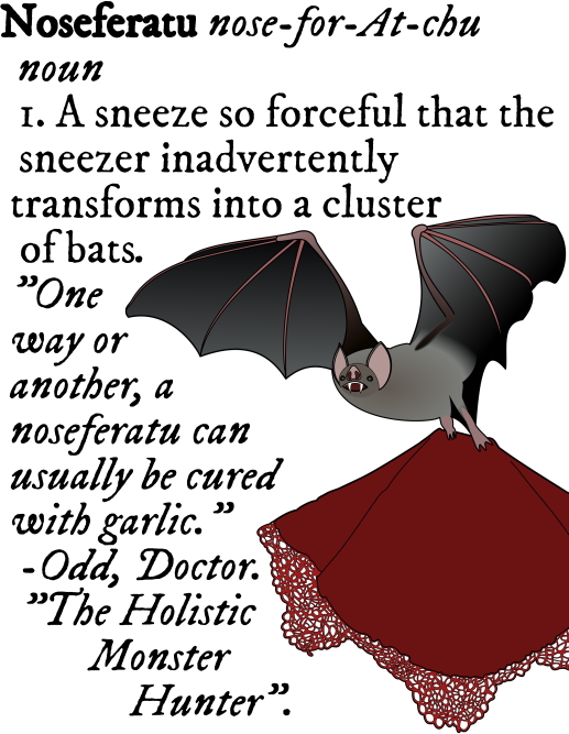 vampire bat holding a blood red lace handkerchief
