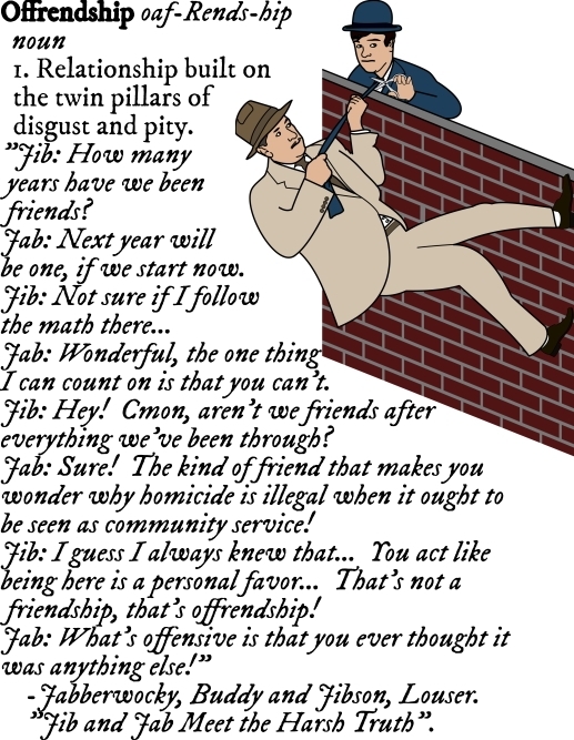 one person holds onto another person's tie, trying not to plummet down the side of a red brick building, the other person prepares to cut his tie with a pair of scissors, reminiscent Abbot and Costello