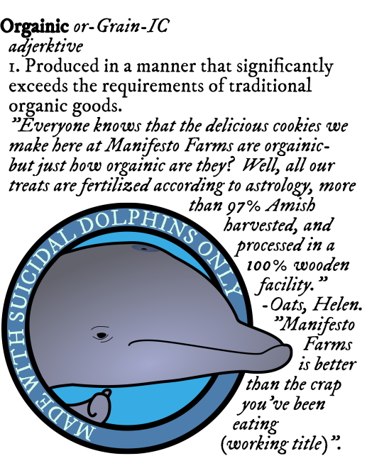 seal 'MADE WITH SUICIDAL DOLPHINS ONLY' with sad tired depressed looking dolphin given reluctant thumbs up pointing towards own throat