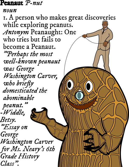 George Washington Carver using a monocle as a rein while riding a giant 3 eyed mutant peanut with jagged teeth and black claws