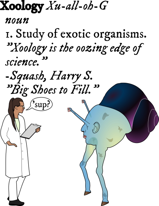 scientist with clipboard to translucent creature with dark iridescent snail shell and hooves 'sup