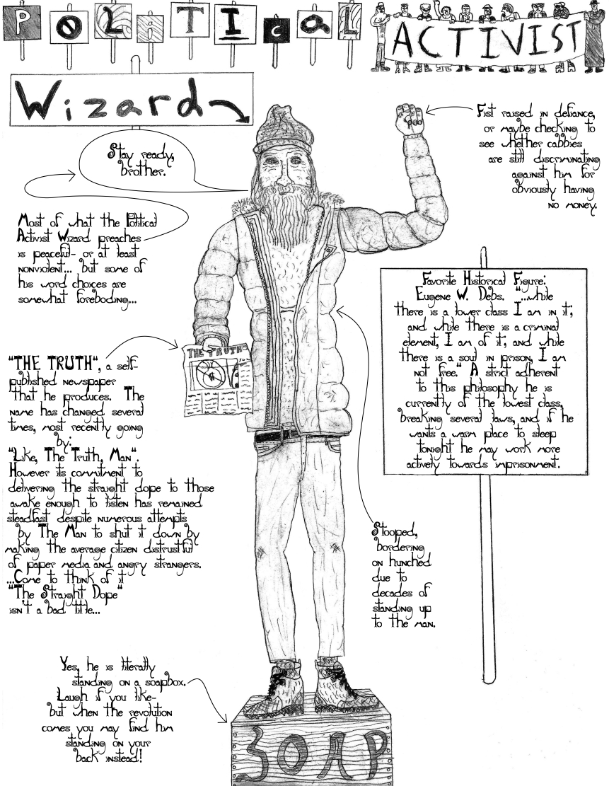 grungy activist wizard with self published newspaper on soapbox