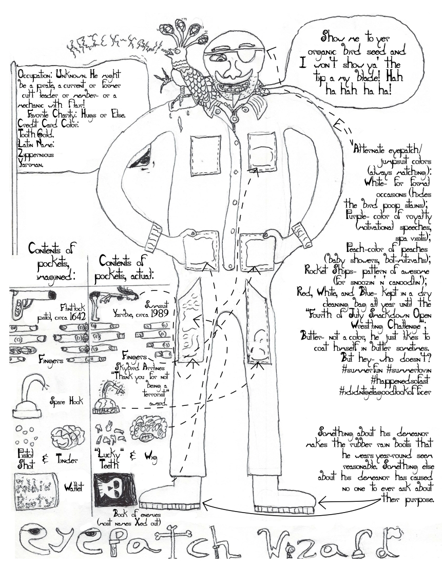 pirate wizard with jumpsuit exotic bird and a diagram of pocket contents