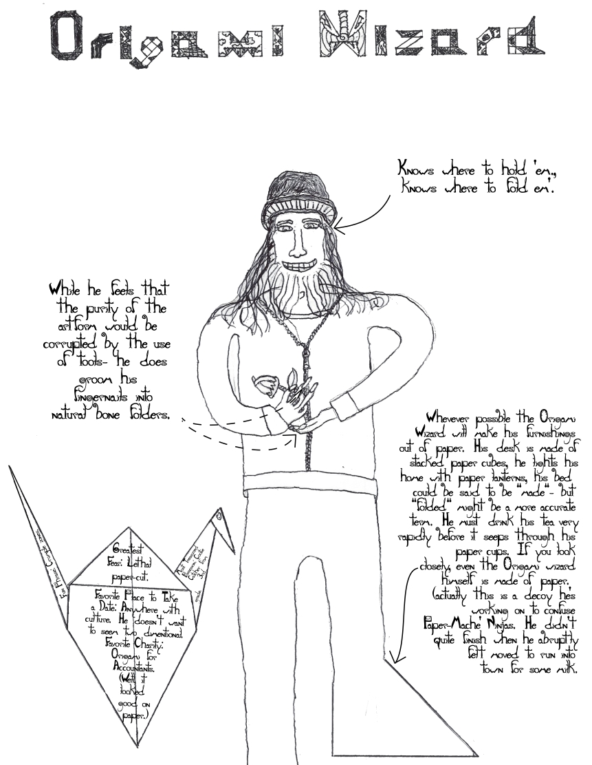 His interest in folding paper only ever inCREASEs. origami wizard made of folded paper holding an origami rose