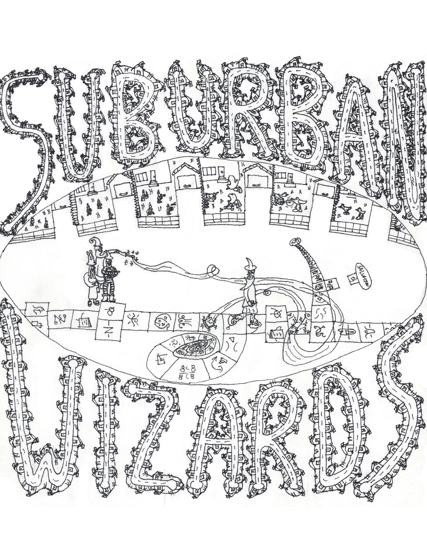 culdesac with lawn gnomes fighting flamingos while wizards play hop scotch