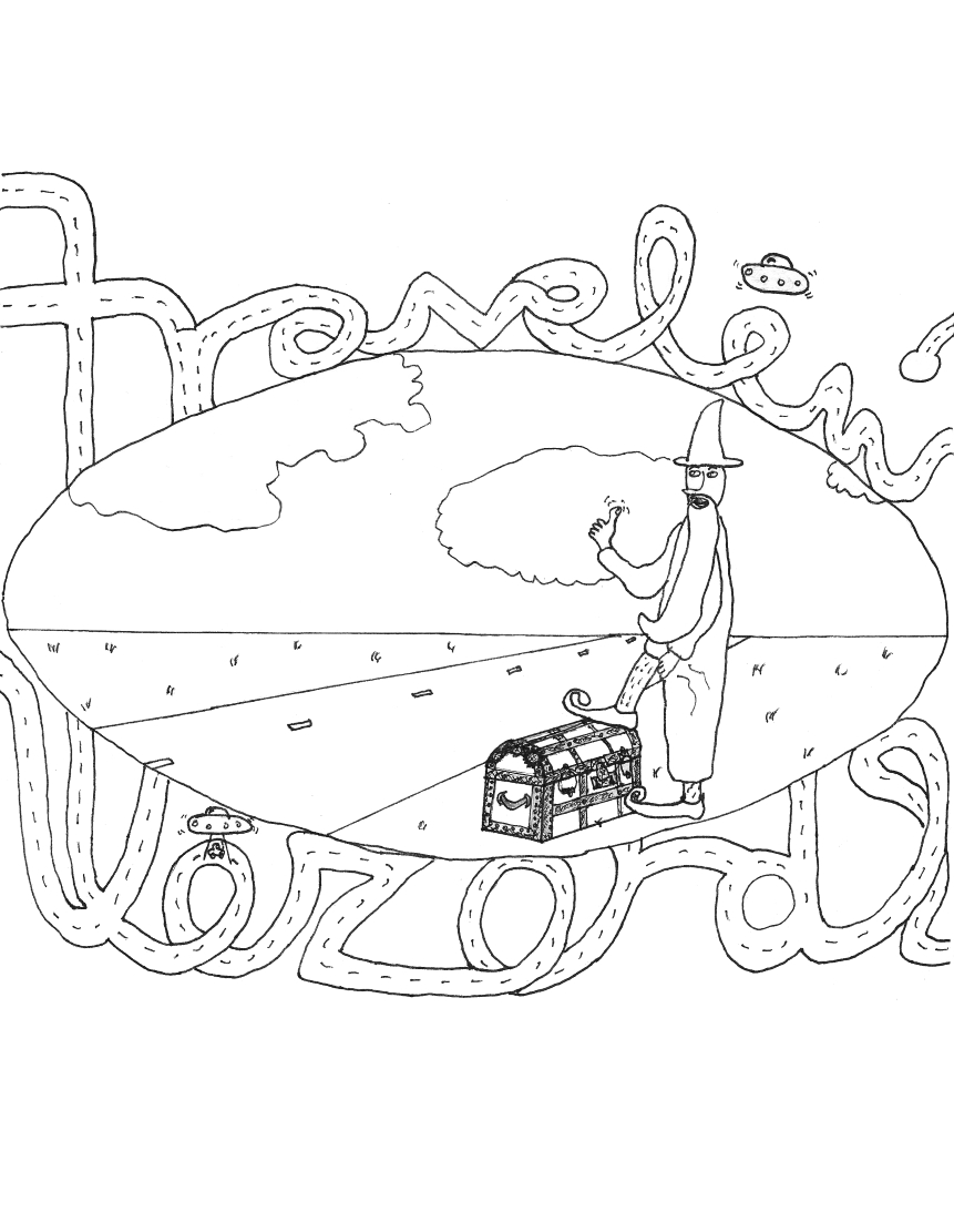 hitchhiking wizard with foot resting on antique trunk