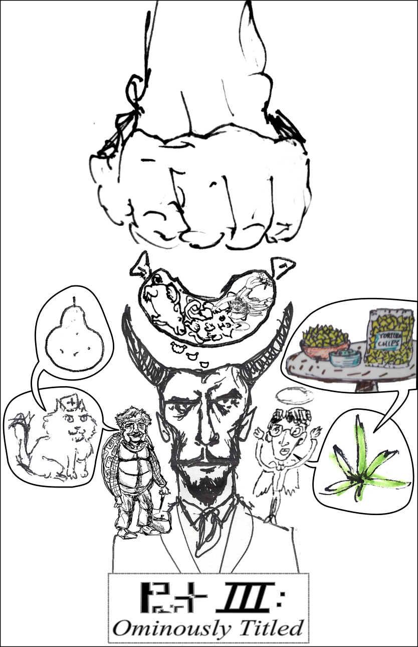 hand of god punches towards devil with sausage thoughts turtle temptation and snack advice